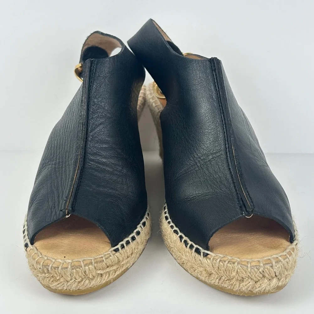 Kanna Black Leather Espadrille Wedge Sandals Gold Buckle Made in Spain Size 37